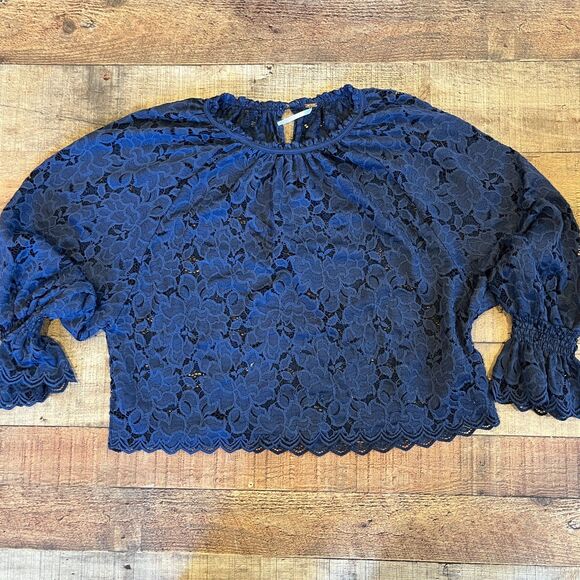 Free People Olivia Lace Blouse Blue Small Balloon Sleeves Feminine - Picture 8 of 9
